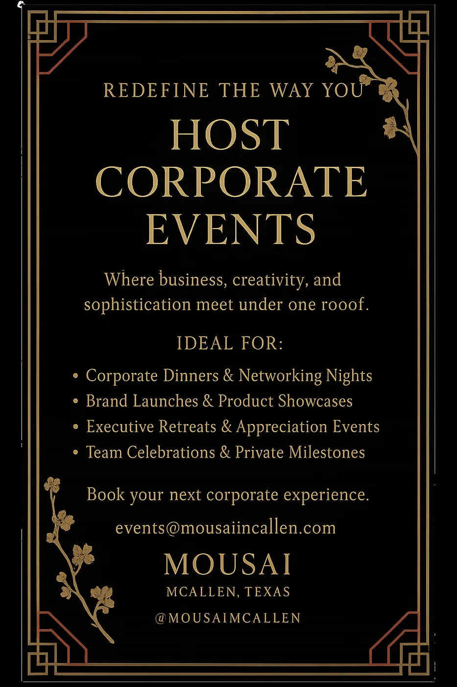 Mousai corporate events campaign artwork with gold typography on black