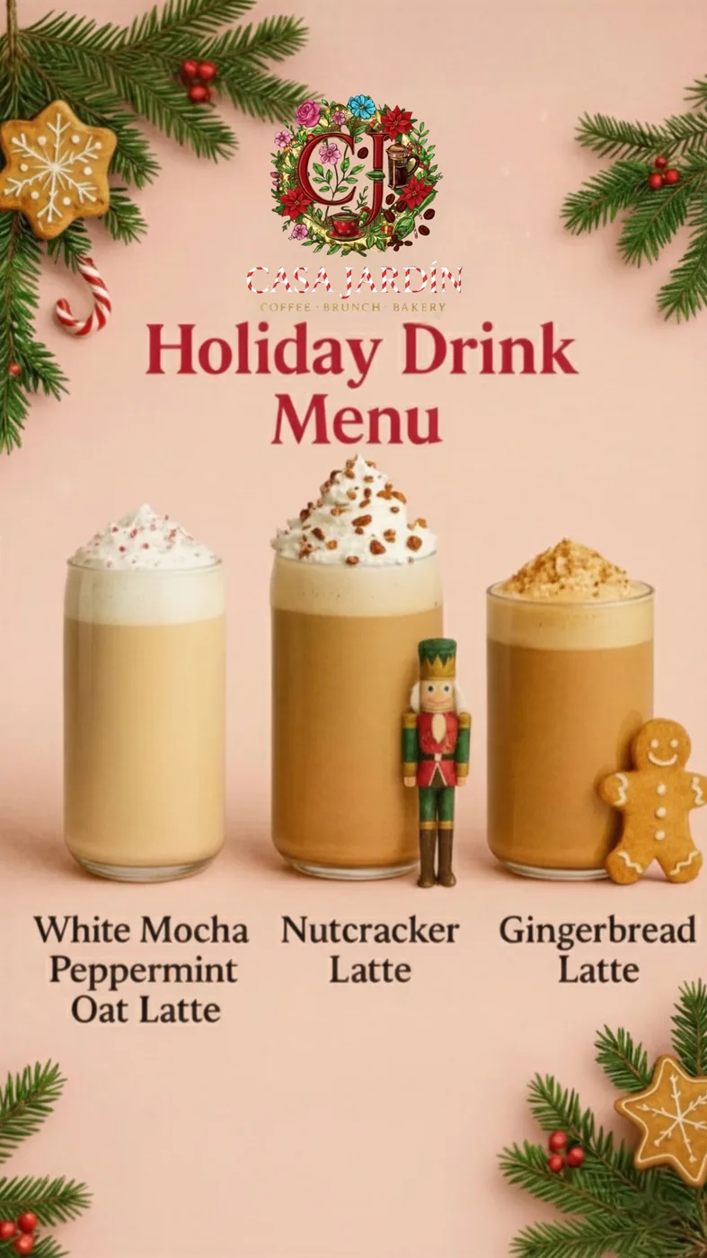 Mousai holiday drink menu artwork with three seasonal lattes