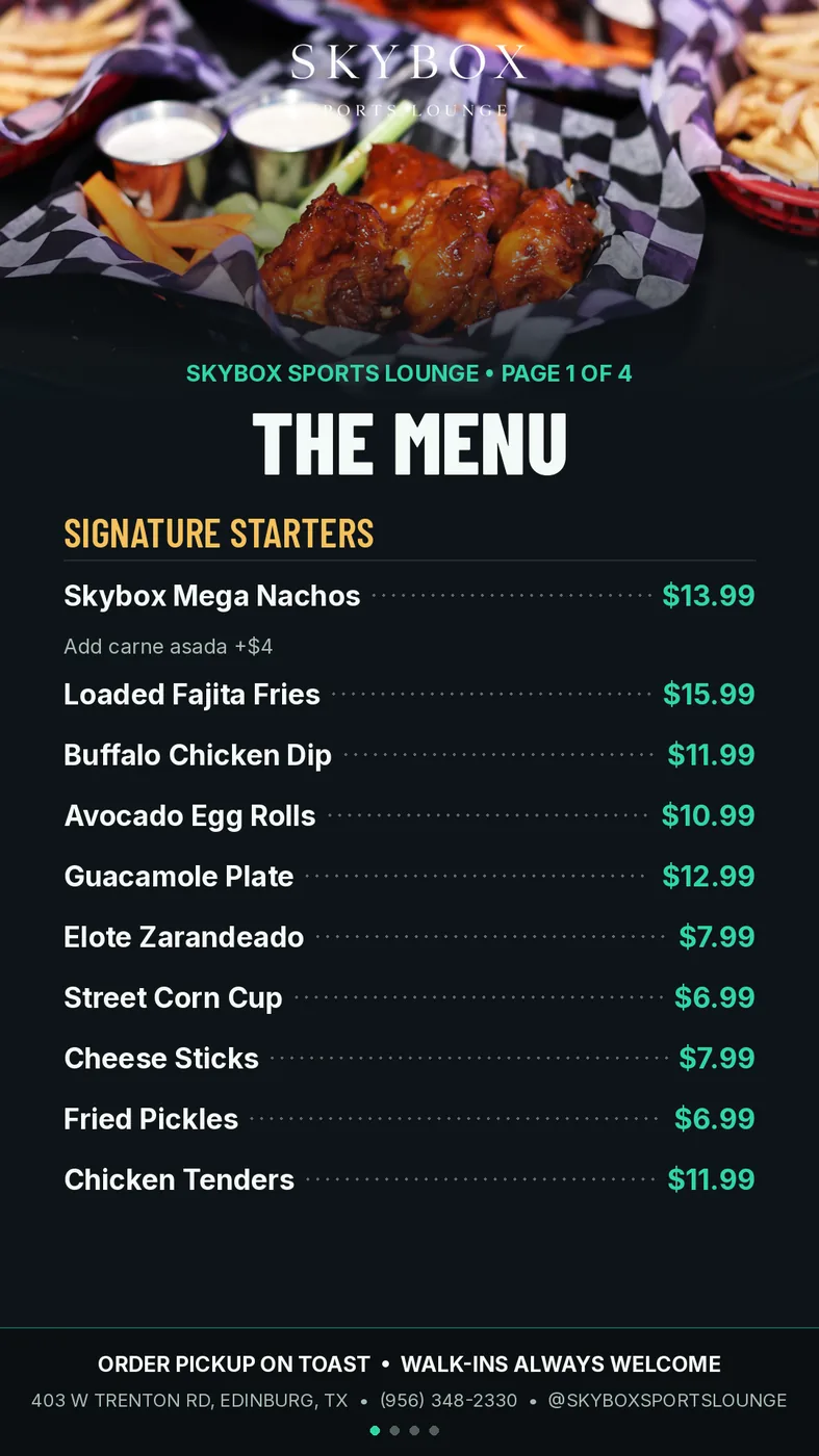Skybox Sports Lounge menu artwork with its original food photograph and menu items