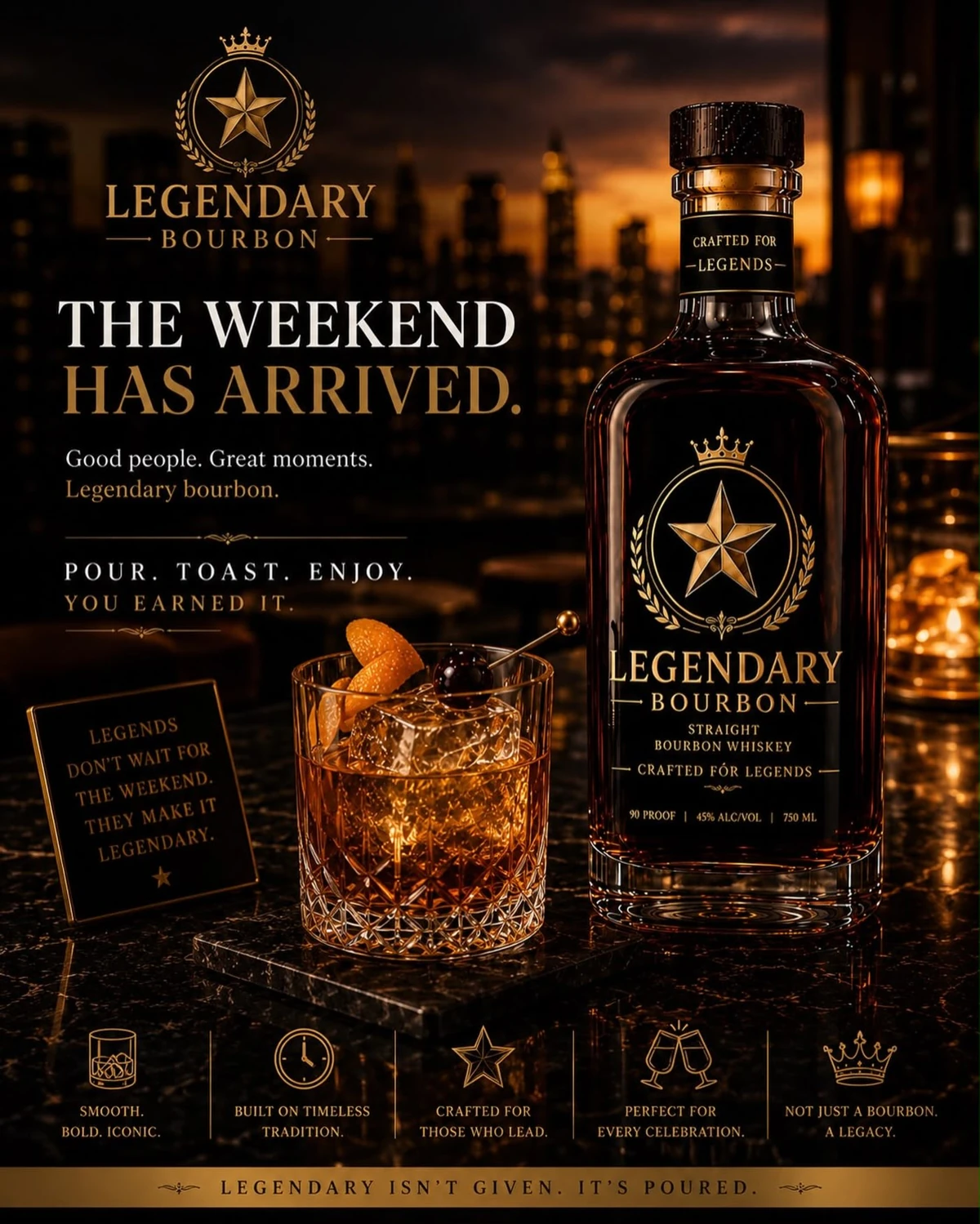 Legendary Bourbon’s weekend campaign: gold crest, bottle and cocktail in a warm amber setting