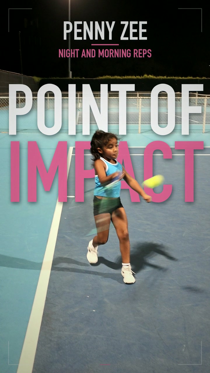 Penny Zee playing a tennis shot under the court lights